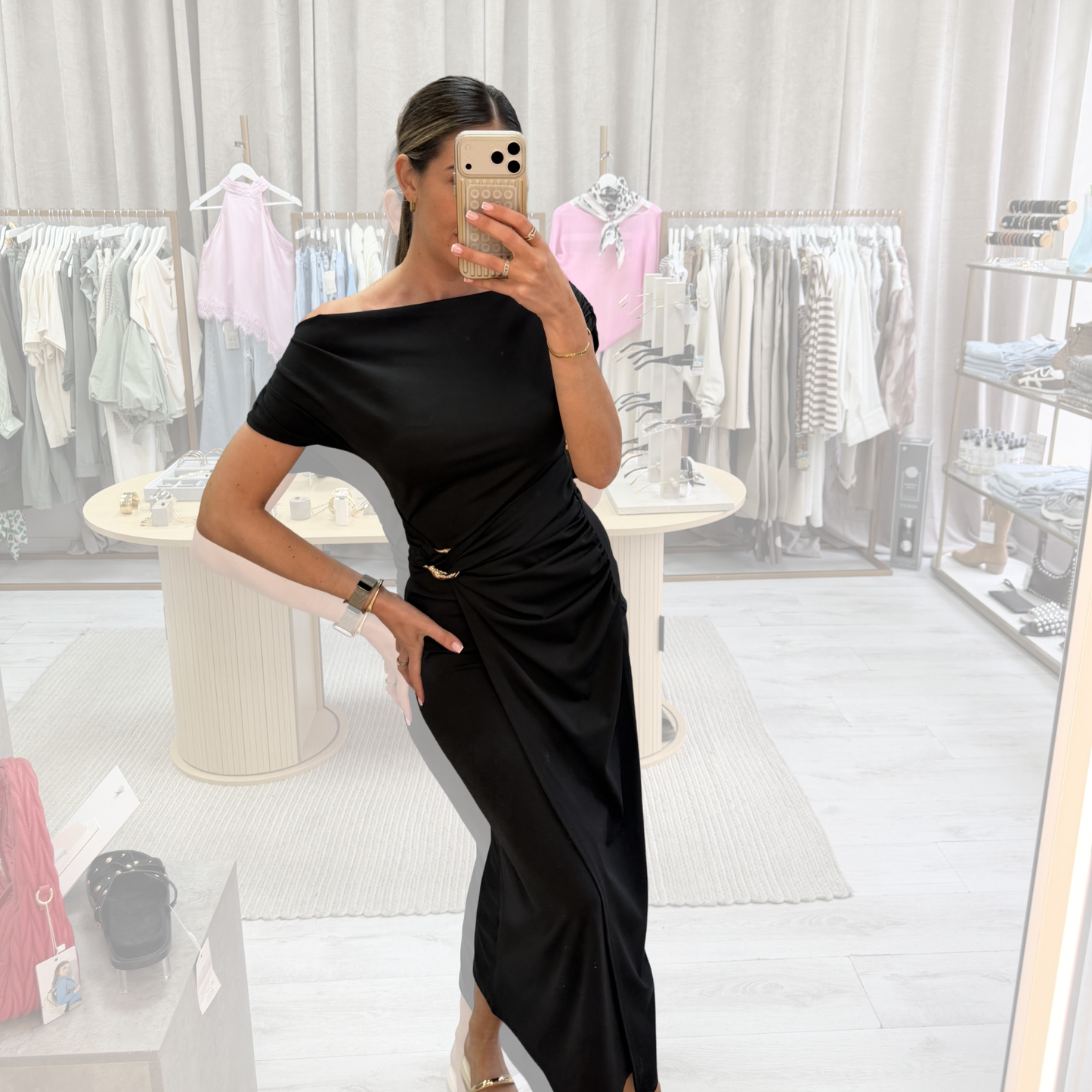 Black Draped Off-Shoulder Midi Dress