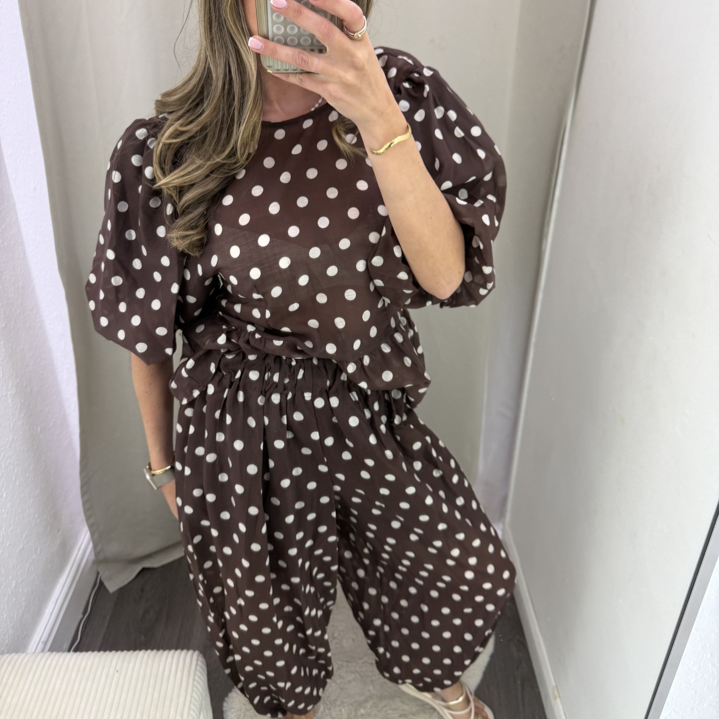 Polka Dot Peplum Top- brown/black