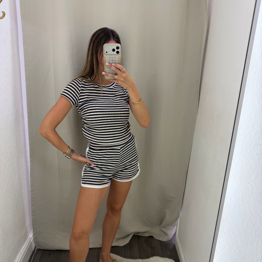 navy and white striped two-piece set