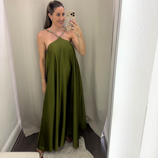 Olive Beaded Maxi Dress
