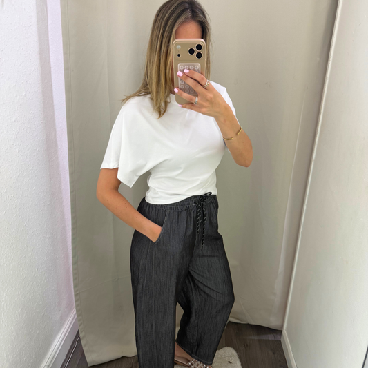 Chambray Wide Leg Drawstring Trousers