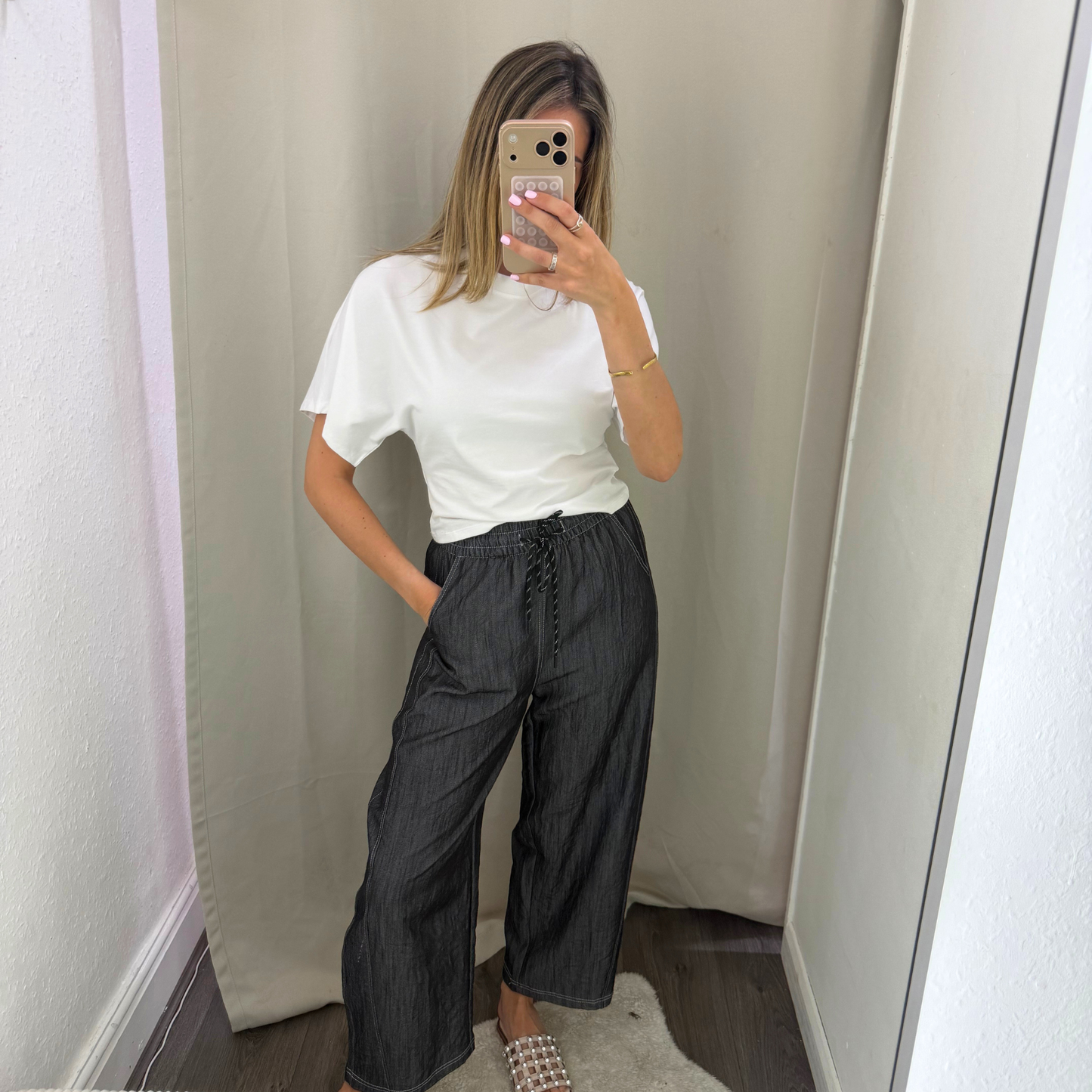 Chambray Wide Leg Drawstring Trousers