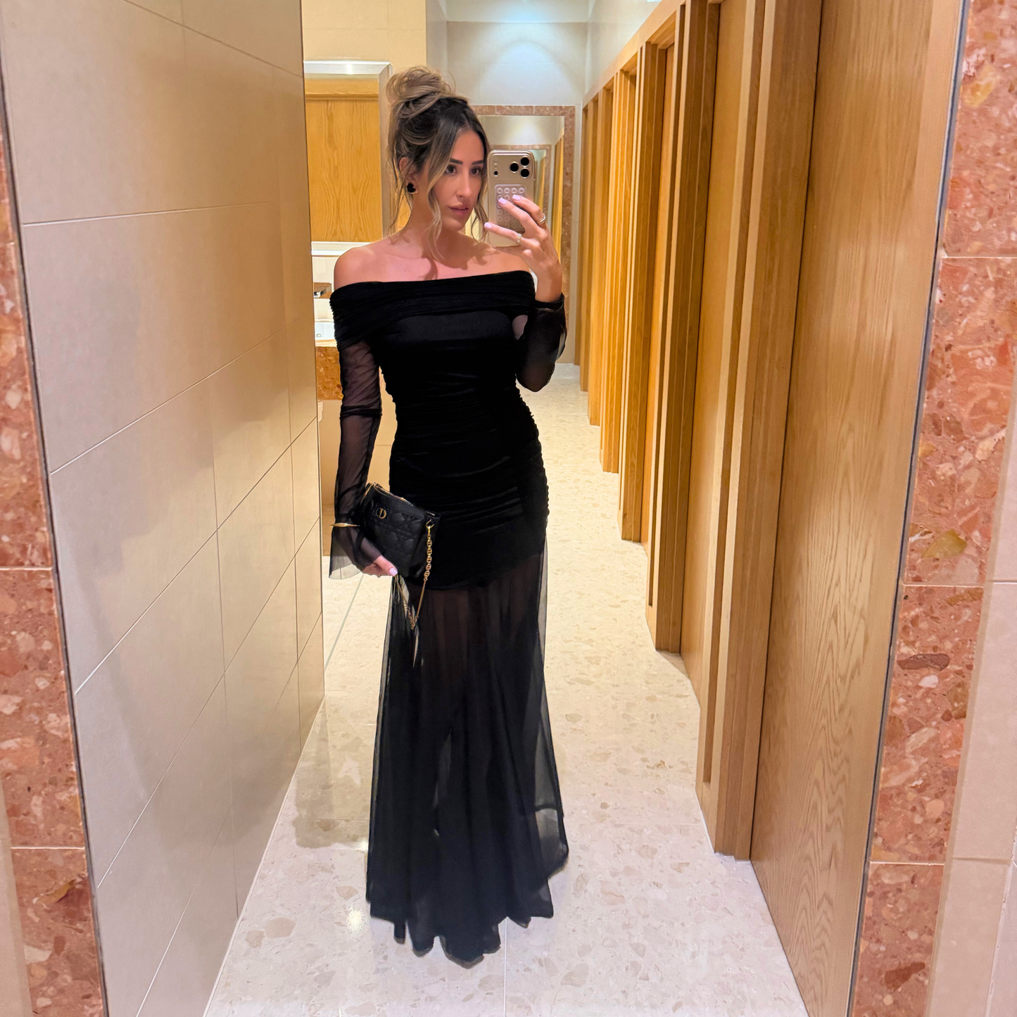 Black Mesh Off-Shoulder Maxi Dress