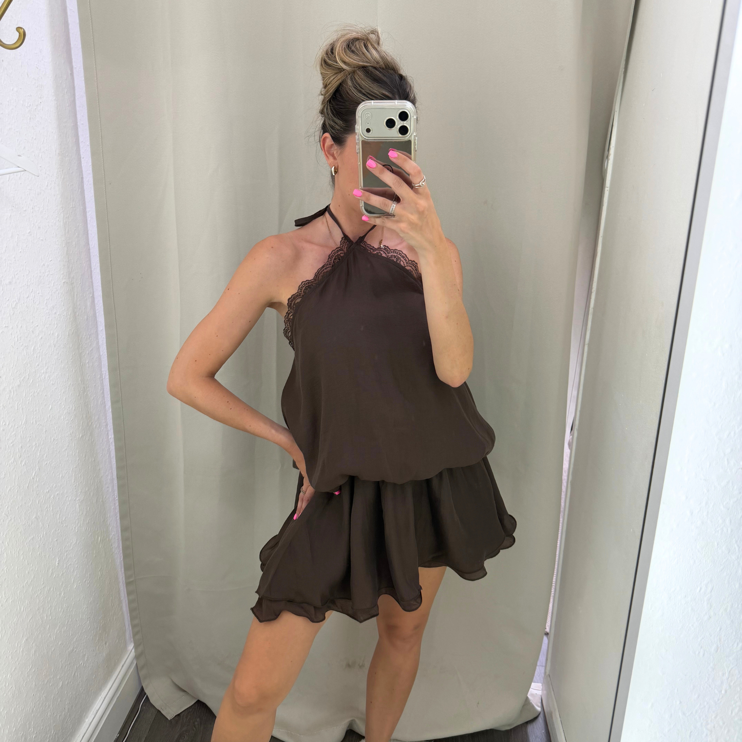Lace Trim Halterneck Mini Playsuit