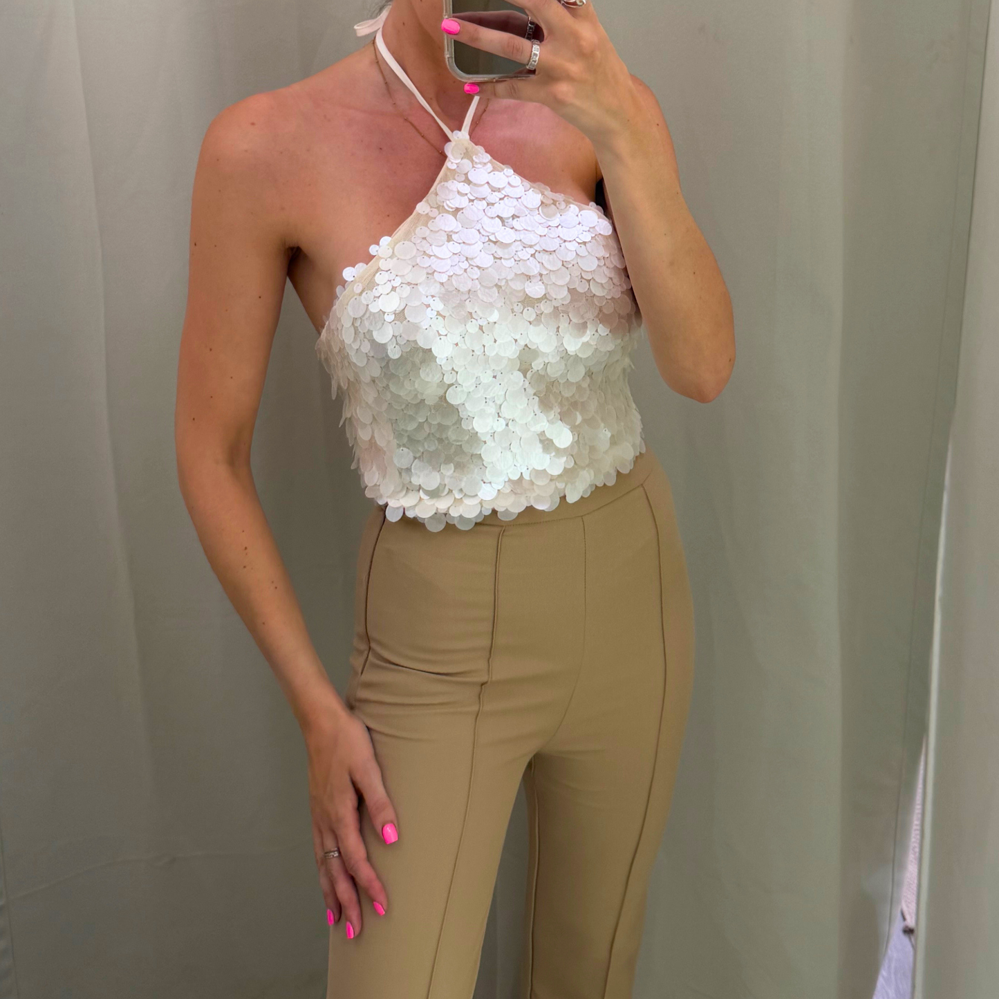 Cream Sequin Halterneck Tie Top