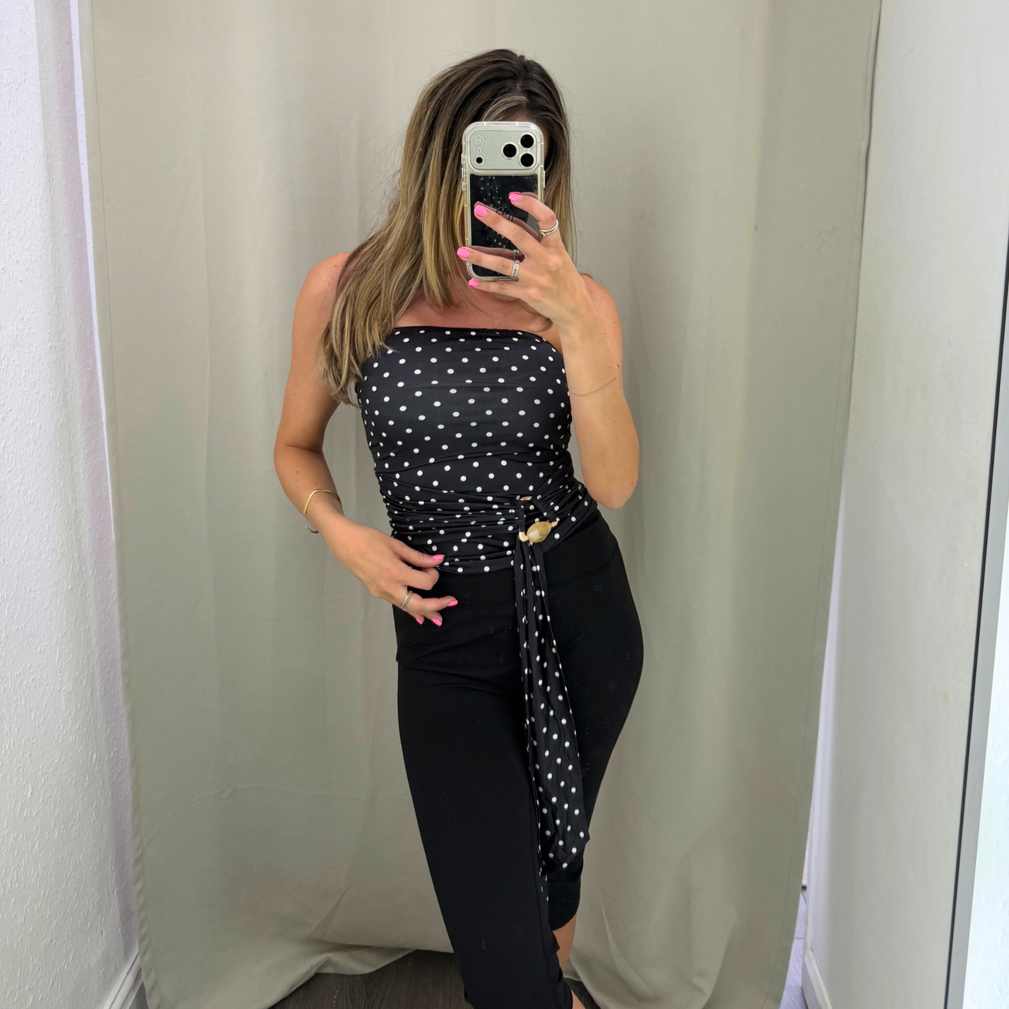 Black Polka Dot Draped Bandeau Top
