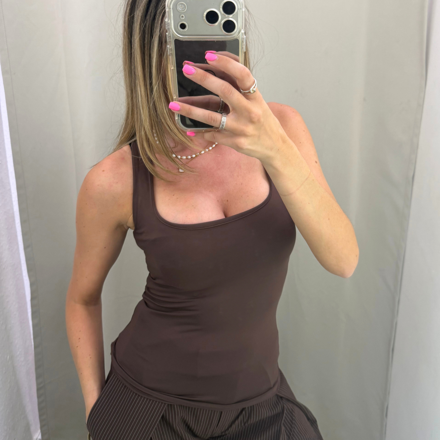 Double-Lined Square Neck Top; Brown, White, Black