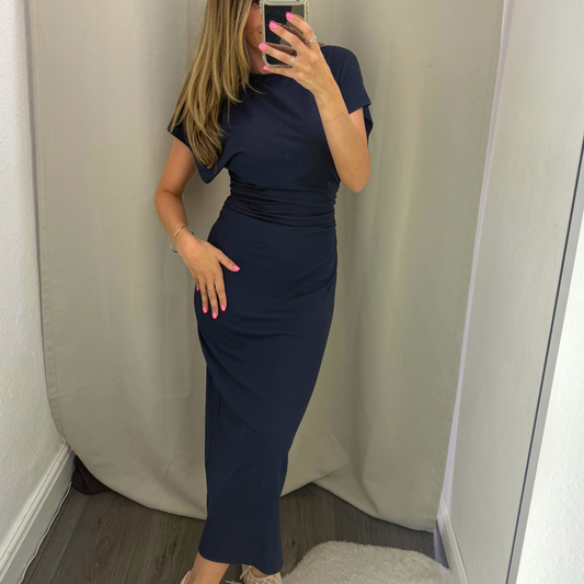 Navy Ruched Midi Dress