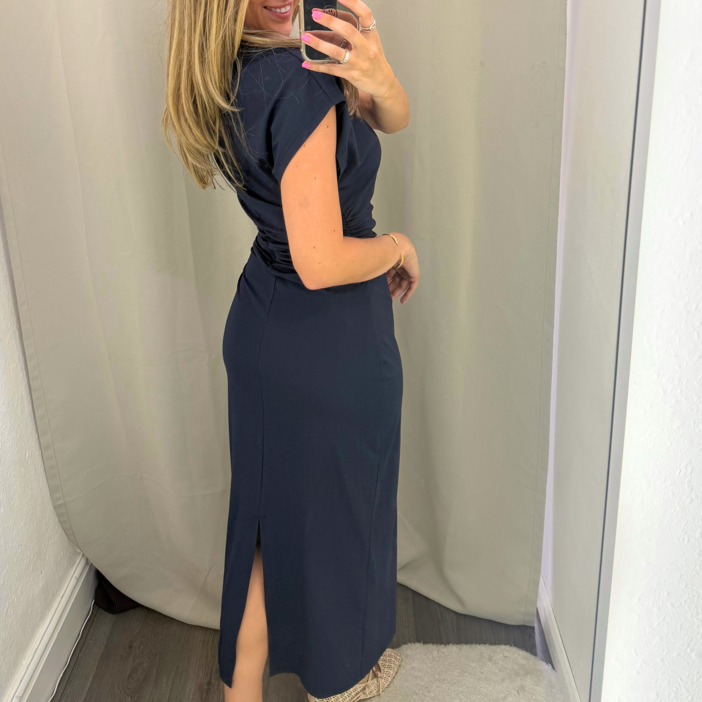 Navy Ruched Midi Dress