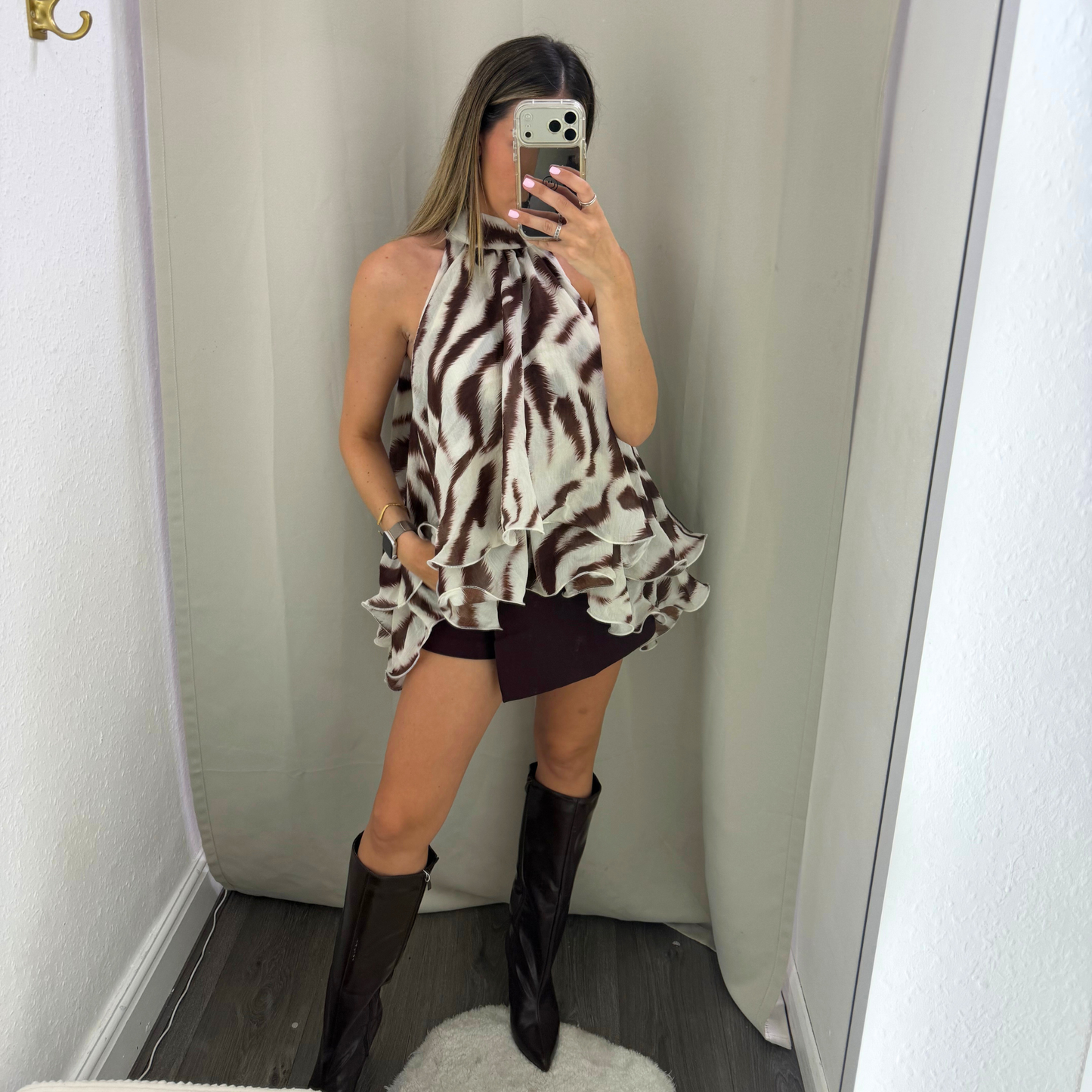 Animal Print Halterneck Ruffle Top