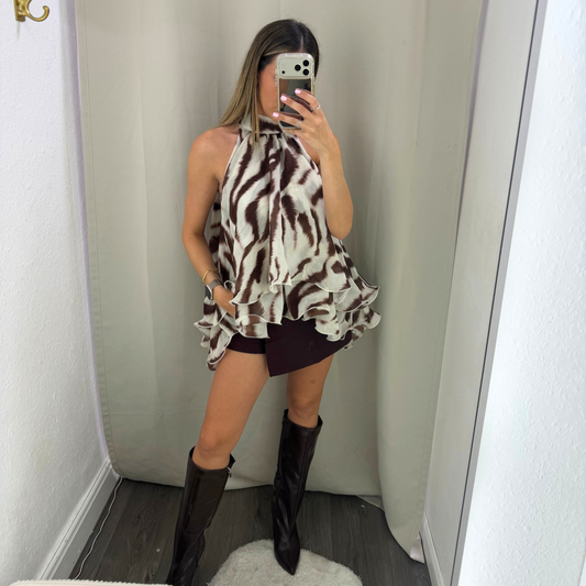 Animal Print Halterneck Ruffle Top