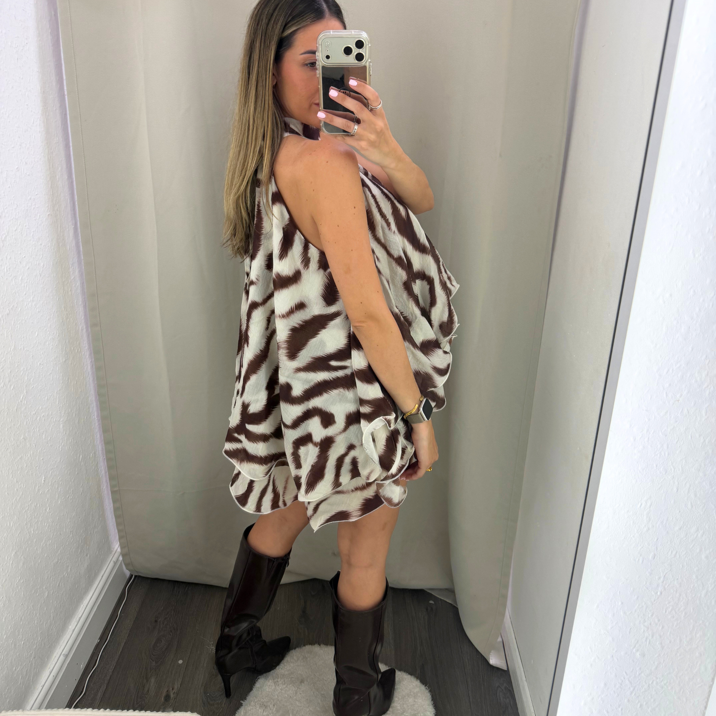 Animal Print Halterneck Ruffle Top