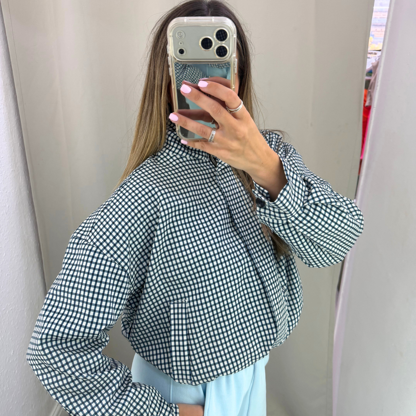 Navy Gingham Cropped Bomber Jacket