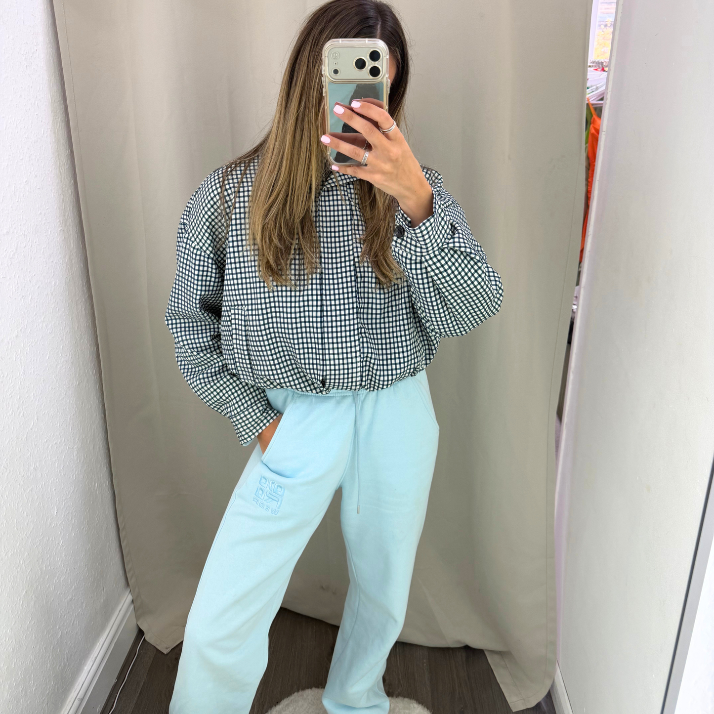 Navy Gingham Cropped Bomber Jacket