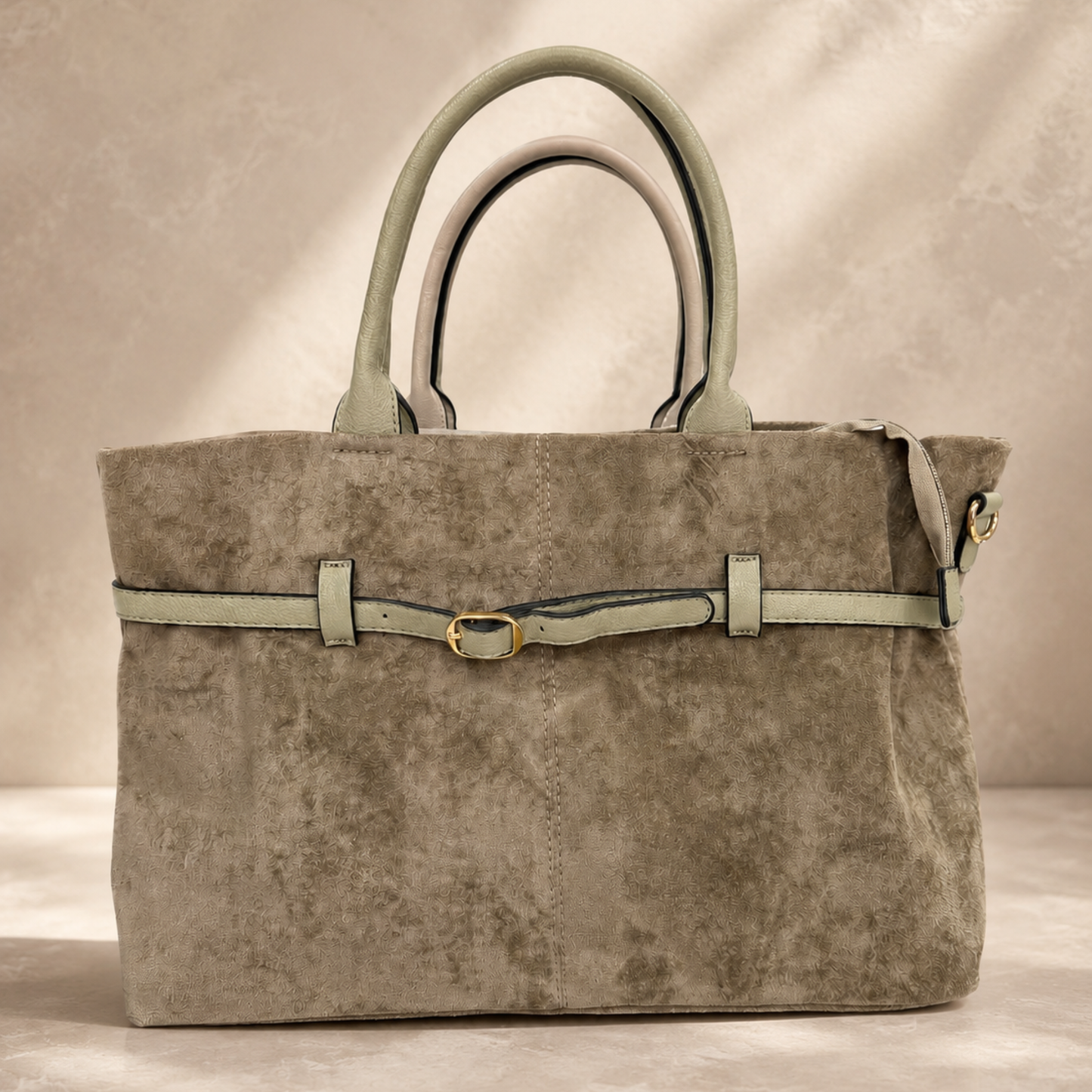 Faux Suede Belted Tote Bag