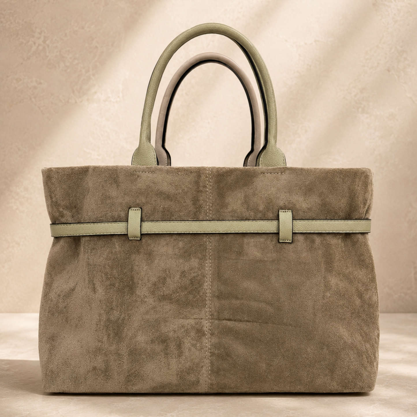 Faux Suede Belted Tote Bag