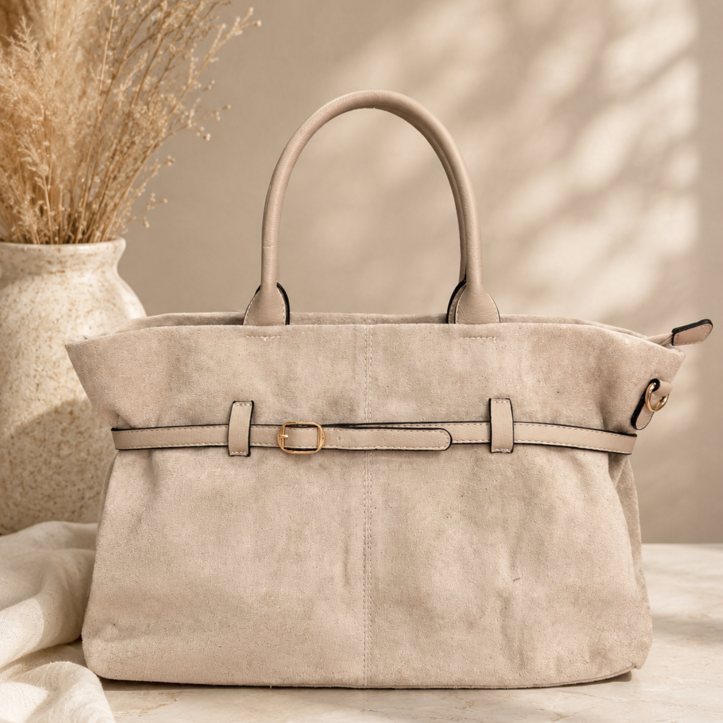 Faux Suede Belted Tote Bag