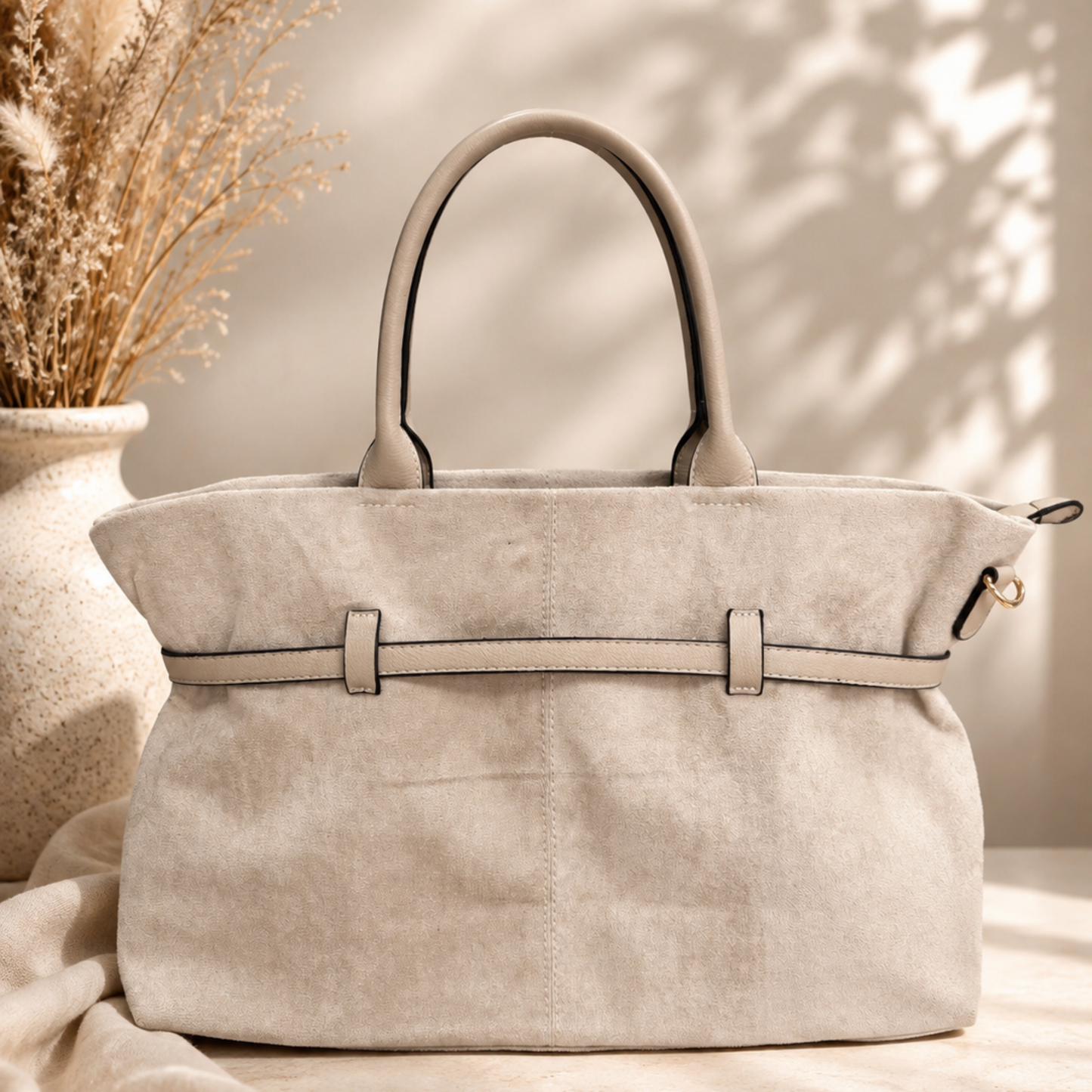 Faux Suede Belted Tote Bag