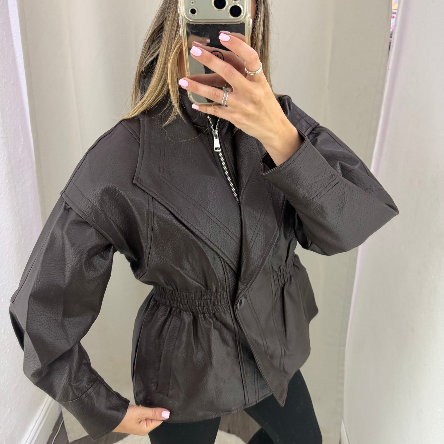 Faux Leather Cinched Waist Jacket