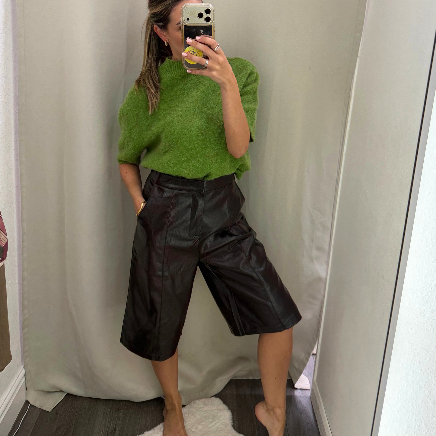 Brown faux leather Bermuda shorts