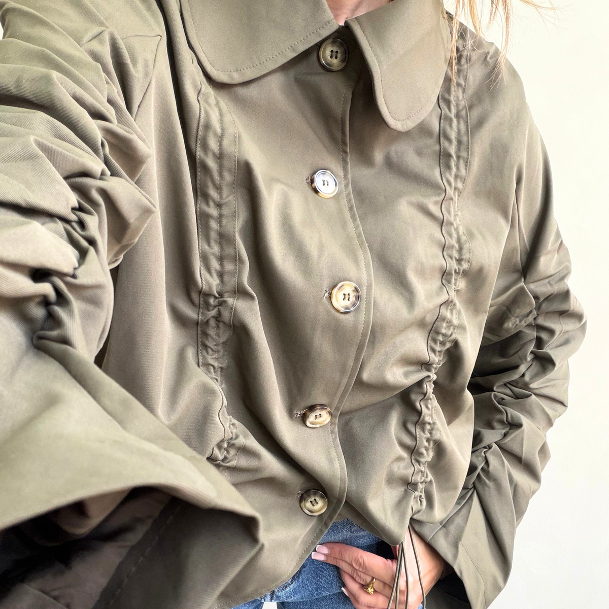Khaki Ruched Detail Cropped Jacket