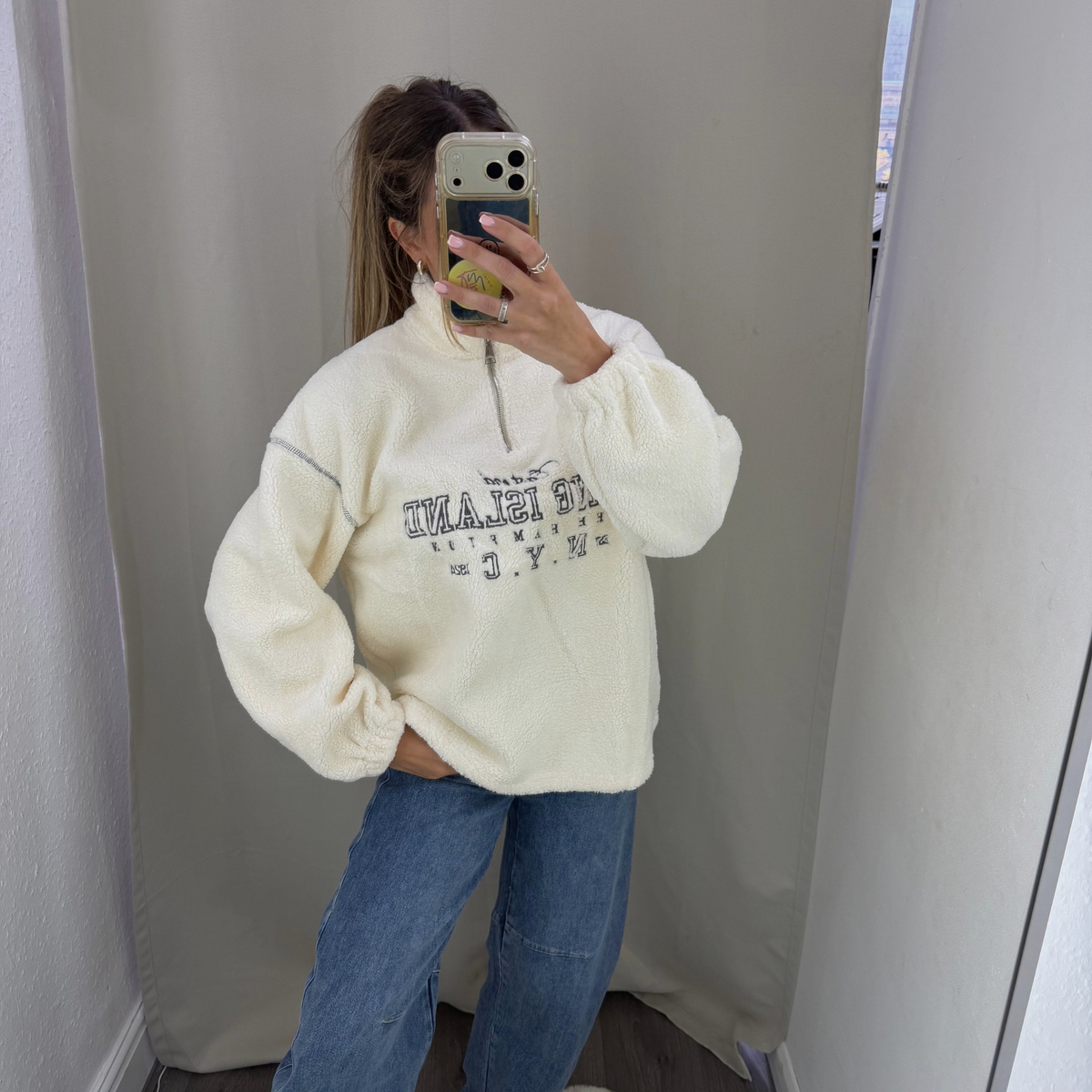 Cream Borg Quarter Zip Sweatshirt