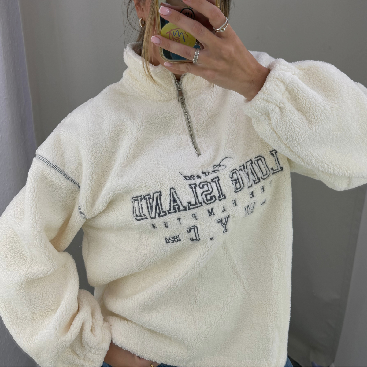 Cream Borg Quarter Zip Sweatshirt
