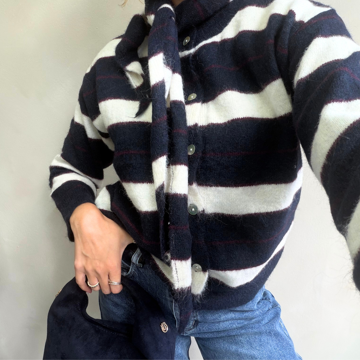 Navy & Cream Striped Tie-Neck Cardigan