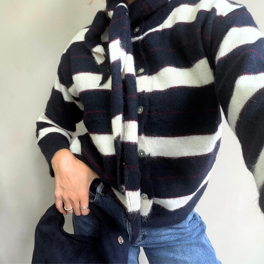 Navy & Cream Striped Tie-Neck Cardigan