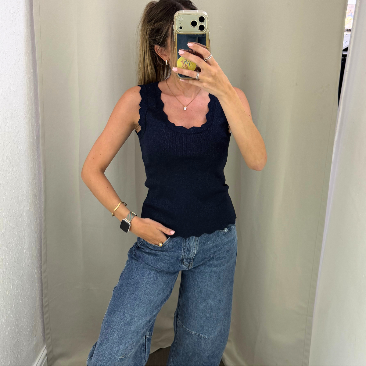 Metallic Scallop Edge Knit Tank Top