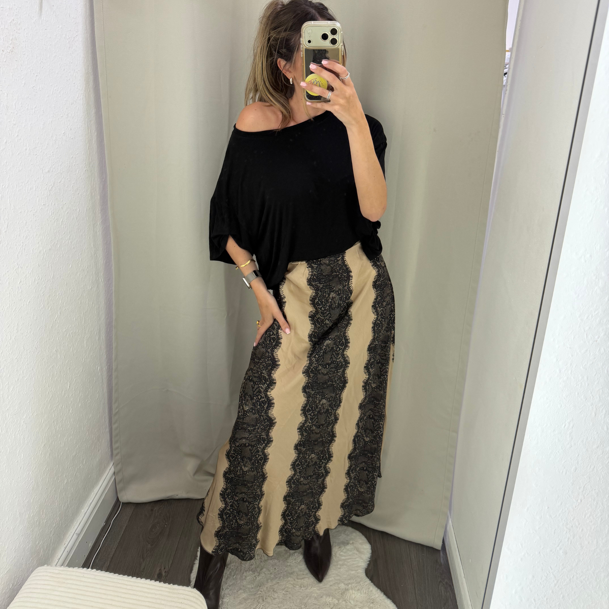 Beige & Black Lace Panel Midi Skirt