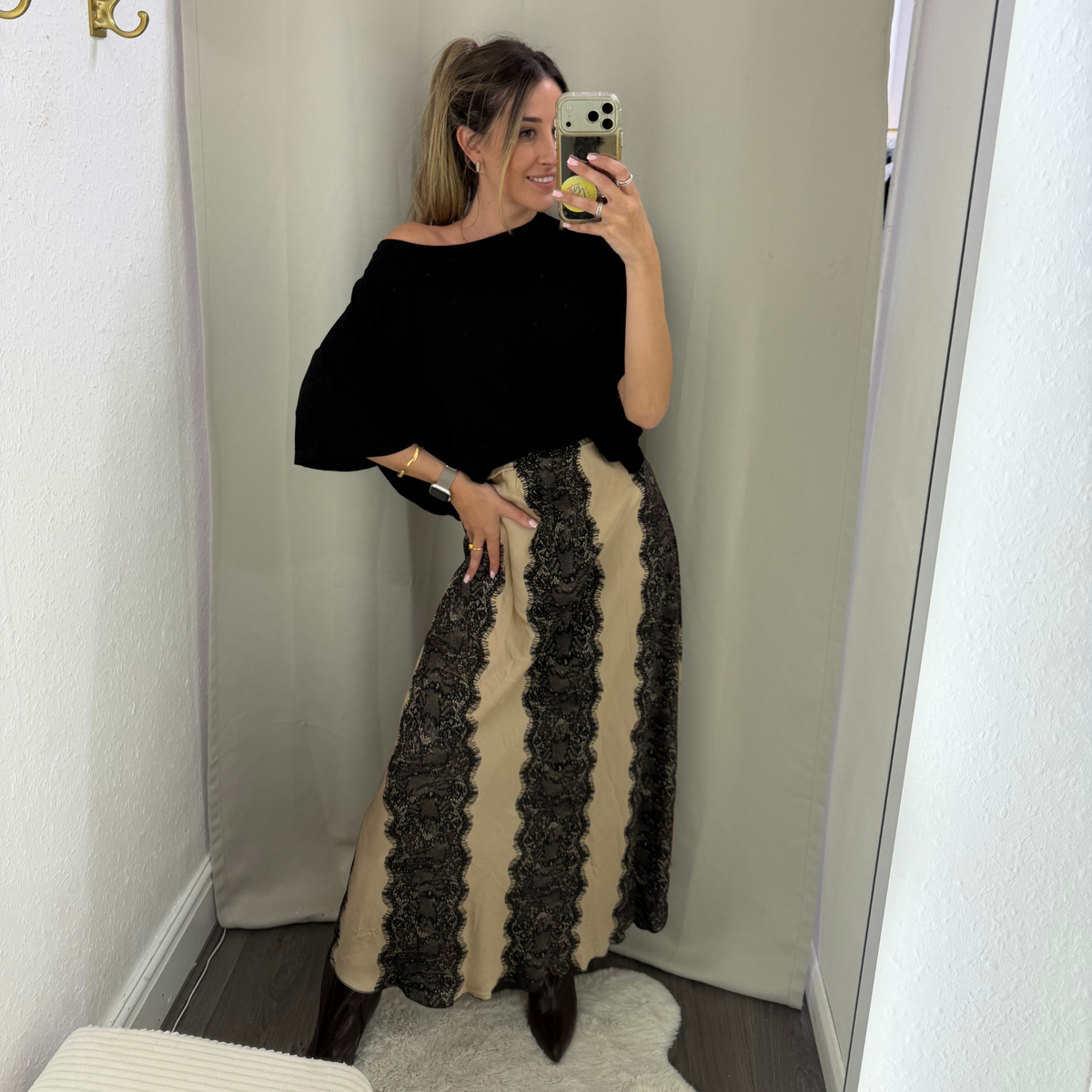 Beige & Black Lace Panel Midi Skirt