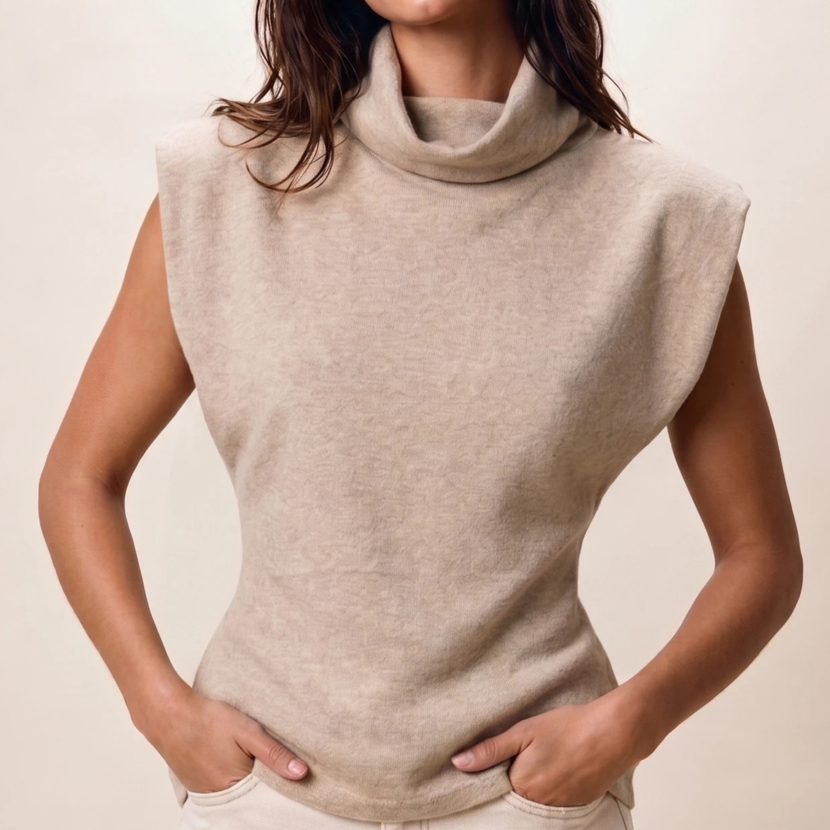 Beige Roll Neck Sleeveless Knit Top