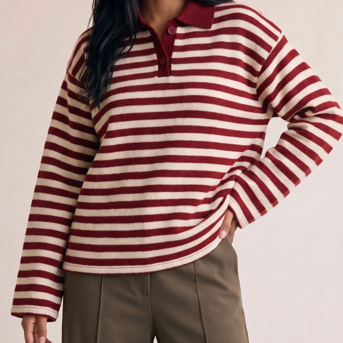 Burgundy Striped Knit Jumper With Button Collar