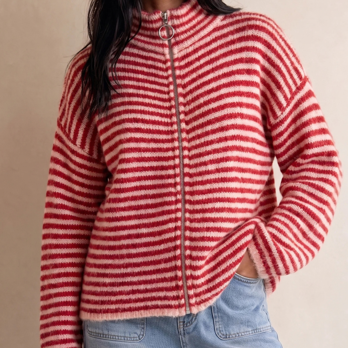 Burgundy & Pink Striped Fuzzy Zip-Up Jumper