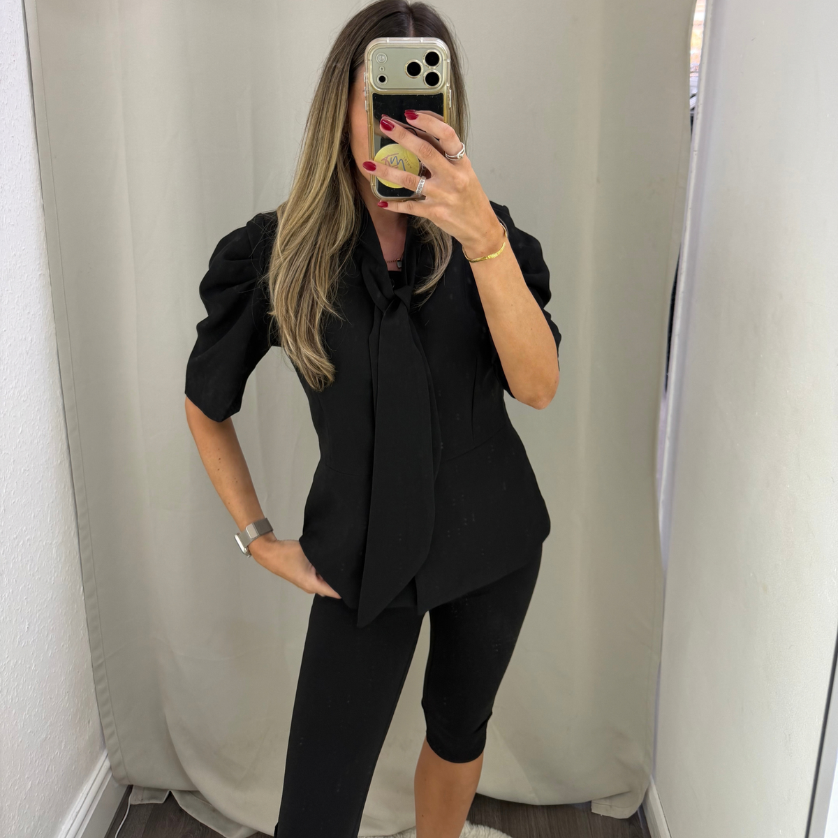 Beige or black Tie-Neck Puff Sleeve Blazer