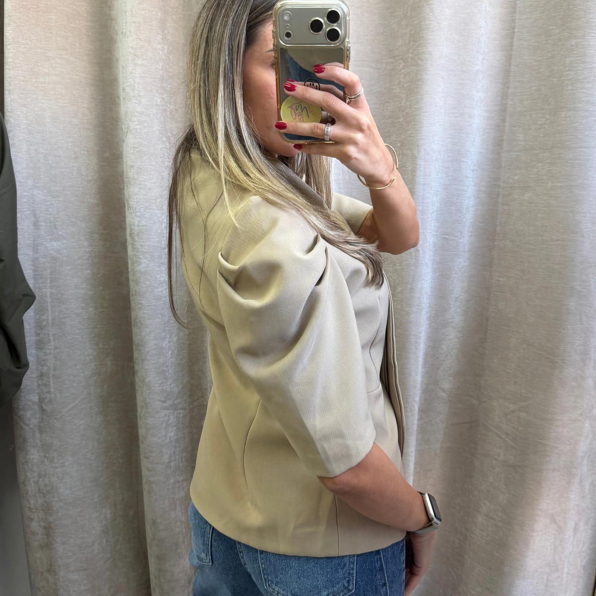 Beige or black Tie-Neck Puff Sleeve Blazer