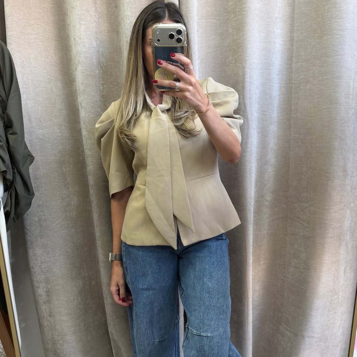 Beige or black Tie-Neck Puff Sleeve Blazer