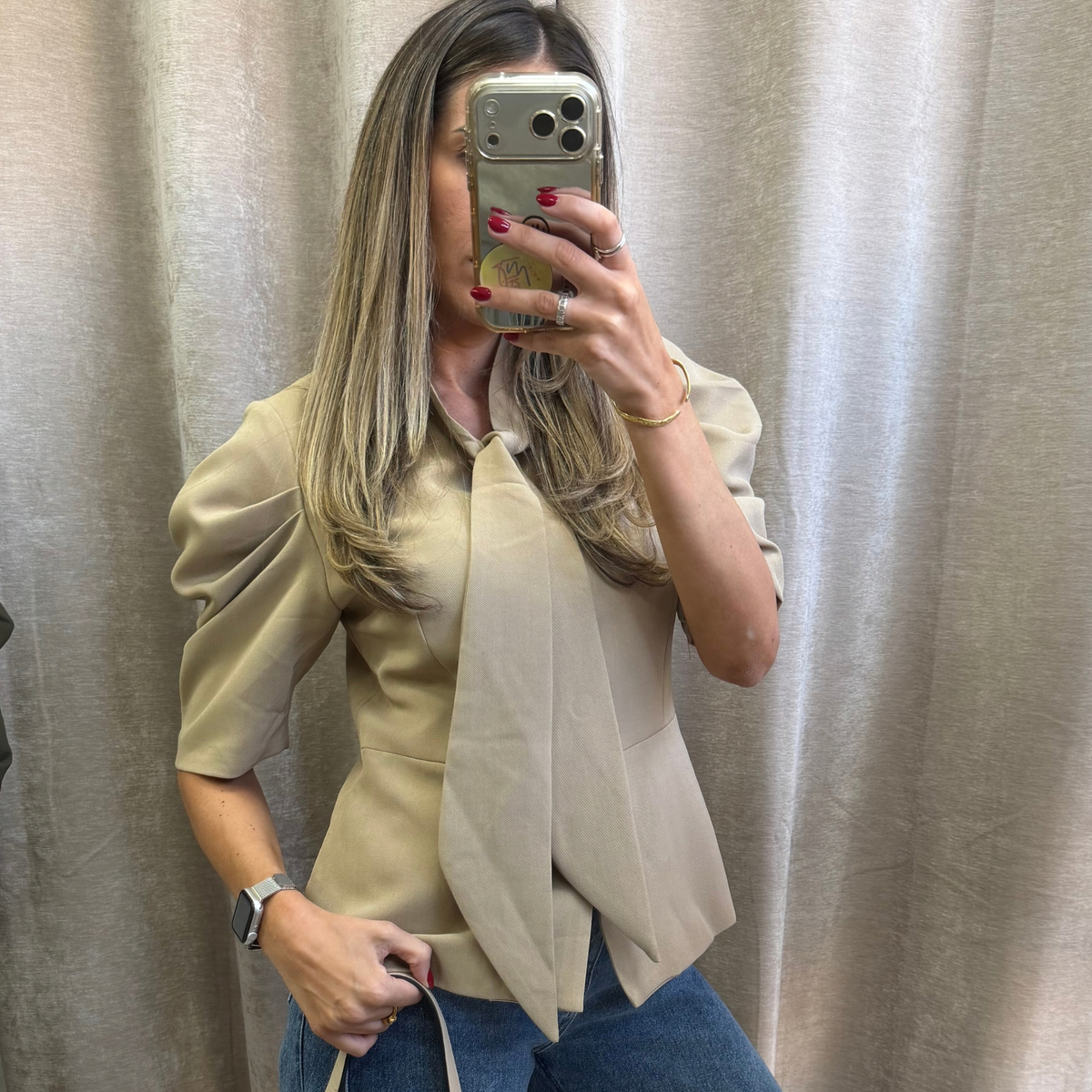Beige or black Tie-Neck Puff Sleeve Blazer