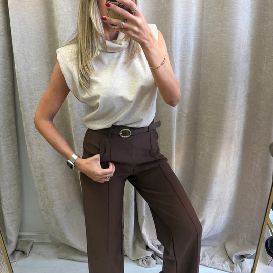 Beige Roll Neck Sleeveless Knit Top