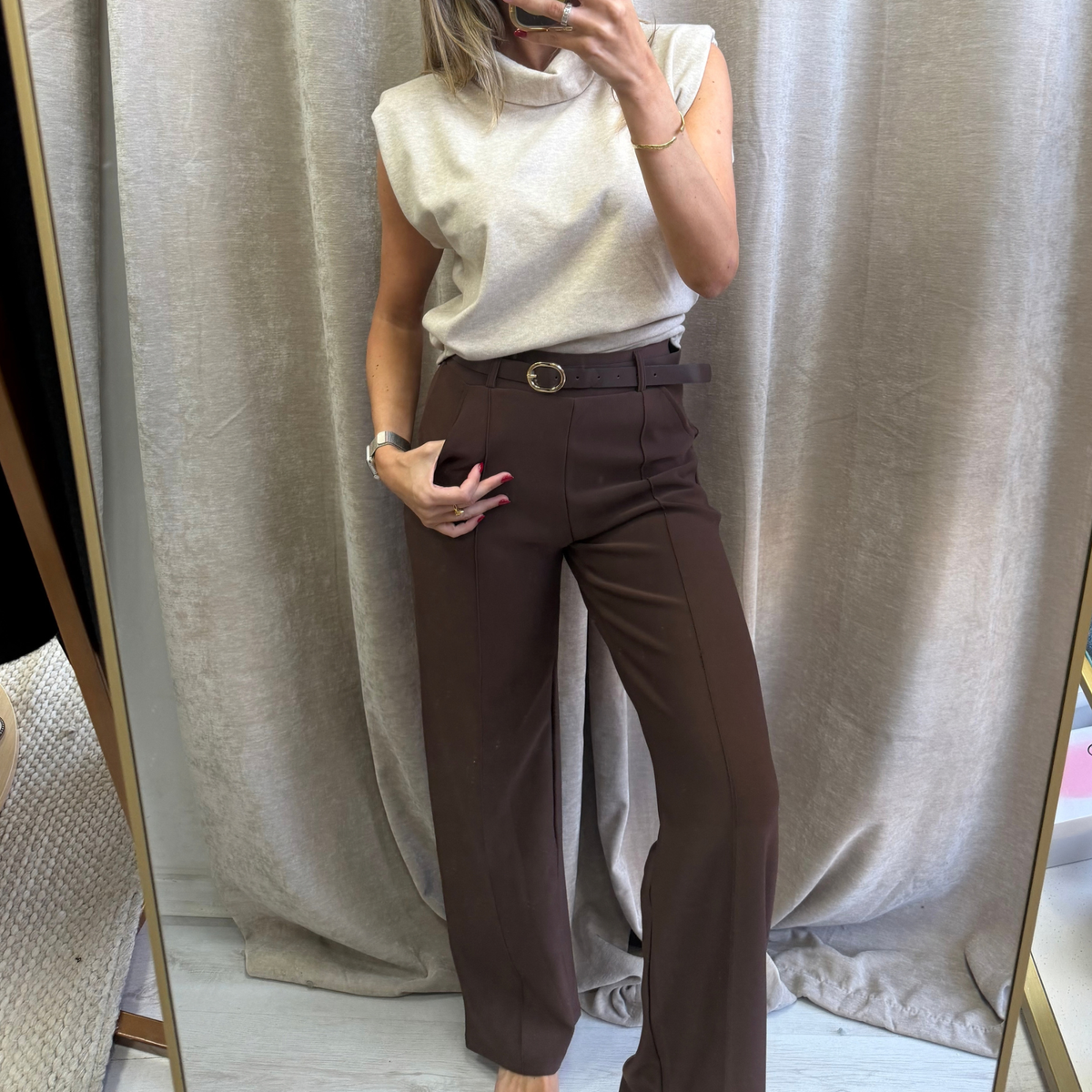 Beige Roll Neck Sleeveless Knit Top
