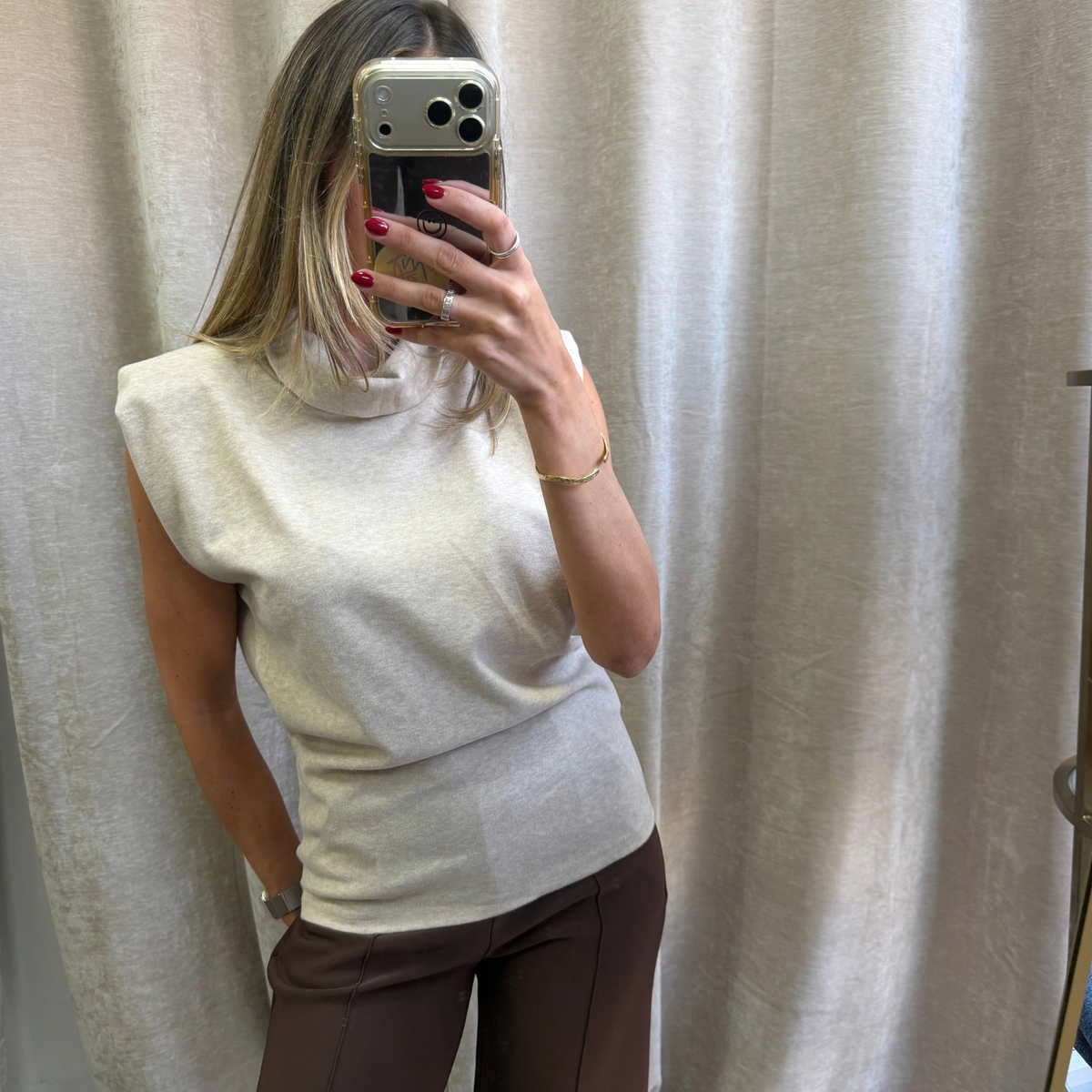 Beige Roll Neck Sleeveless Knit Top