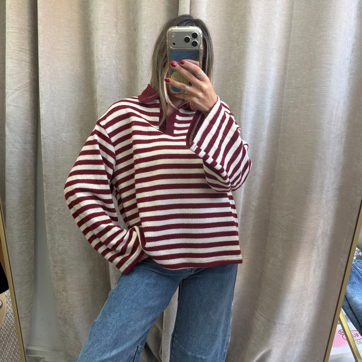 Burgundy Striped Knit Jumper With Button Collar