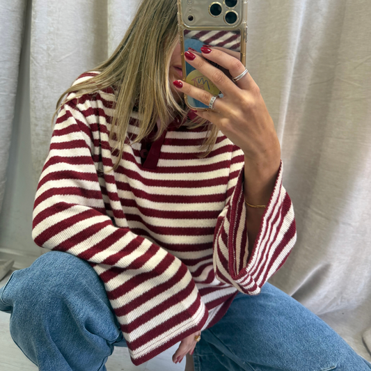 Burgundy Striped Knit Jumper With Button Collar