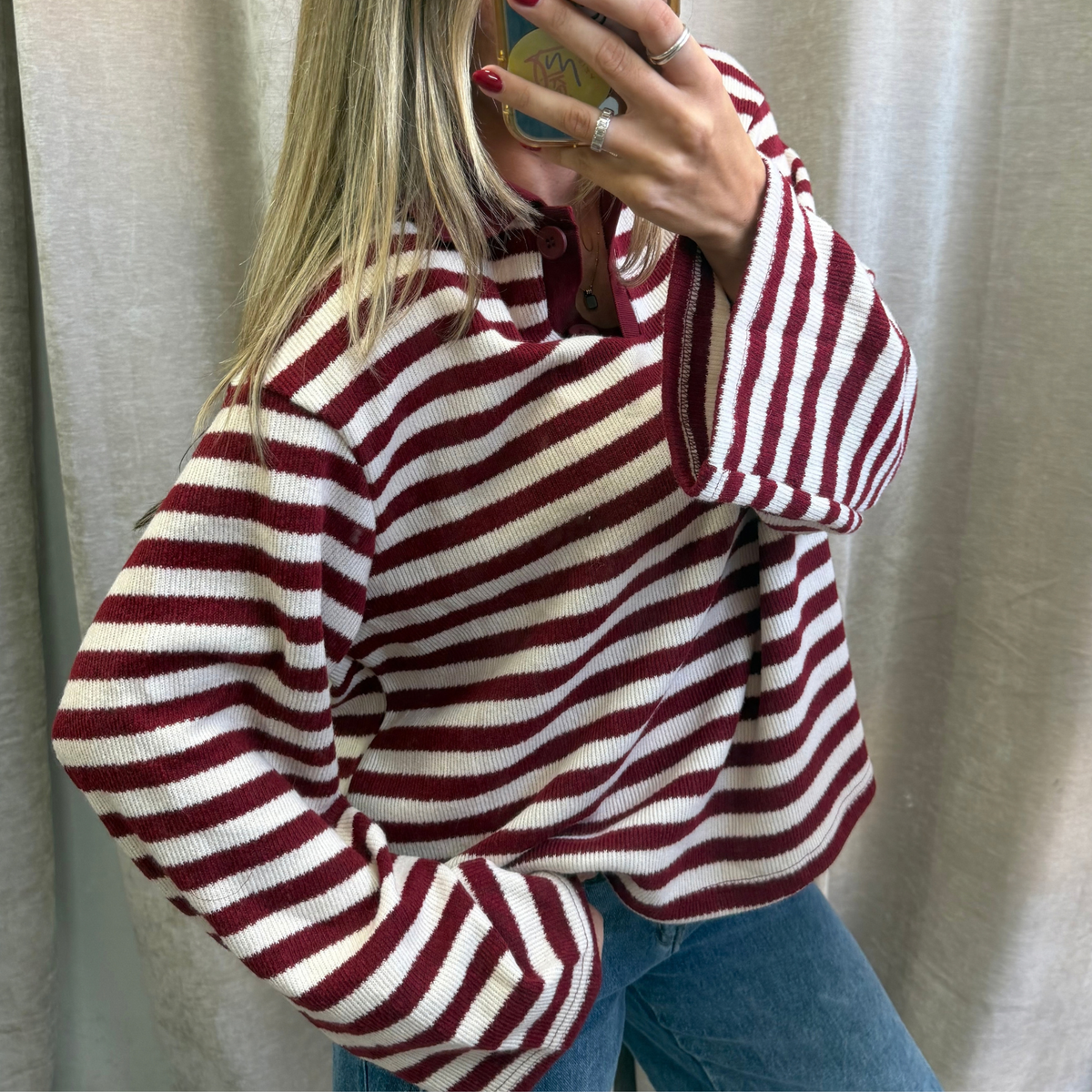 Burgundy Striped Knit Jumper With Button Collar