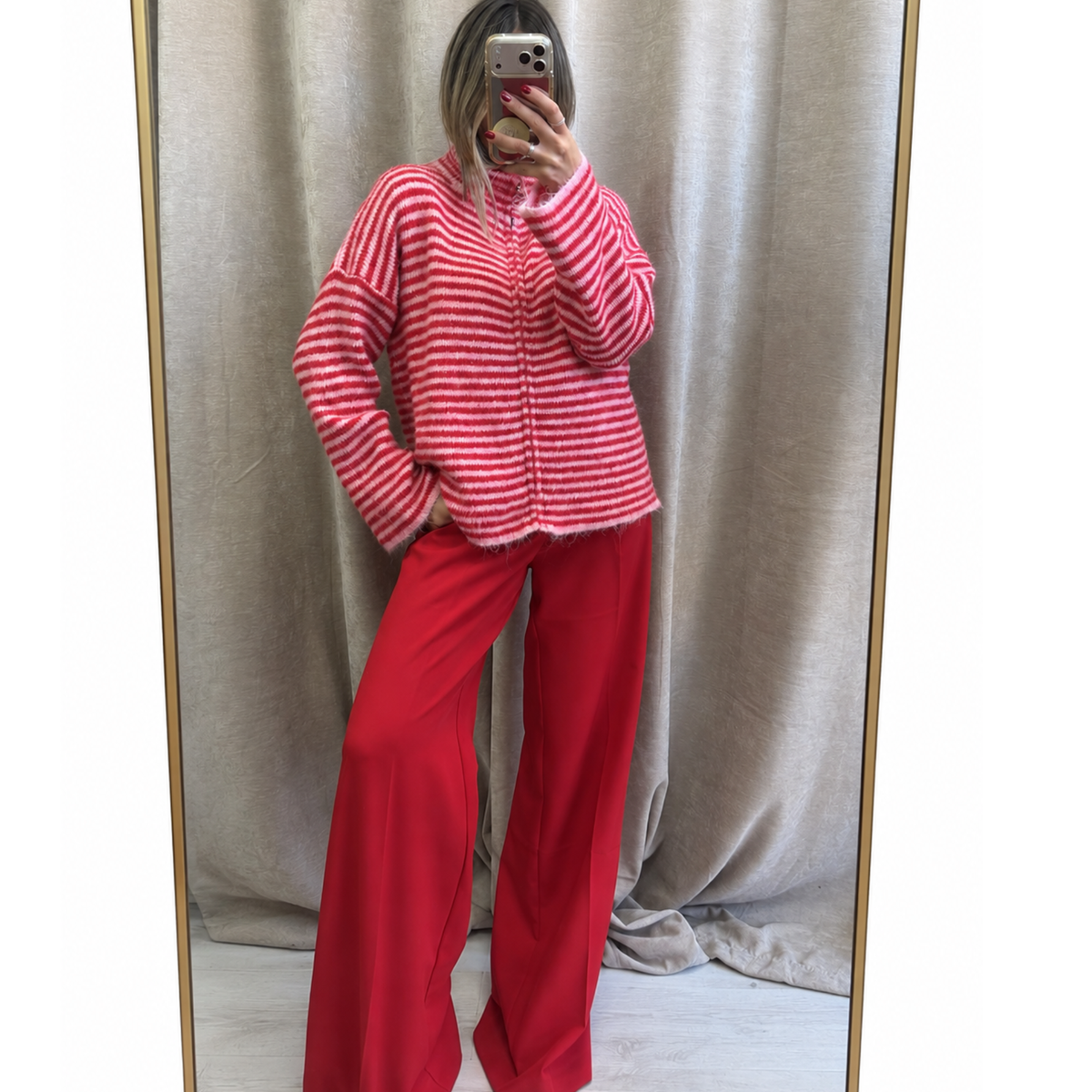 Burgundy & Pink Striped Fuzzy Zip-Up Jumper