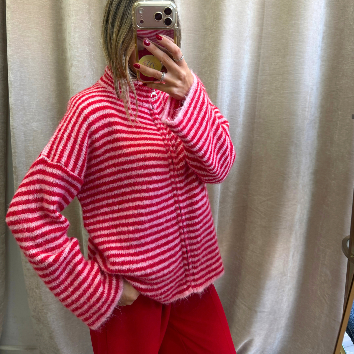 Burgundy & Pink Striped Fuzzy Zip-Up Jumper