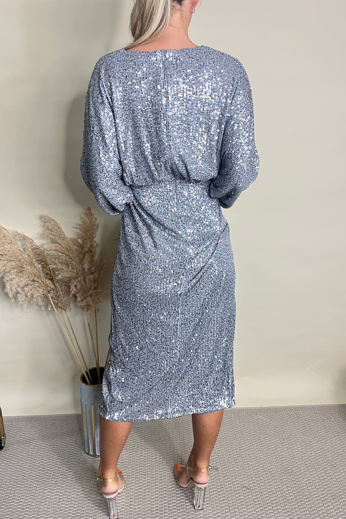 Silver sequin v neck midi dress