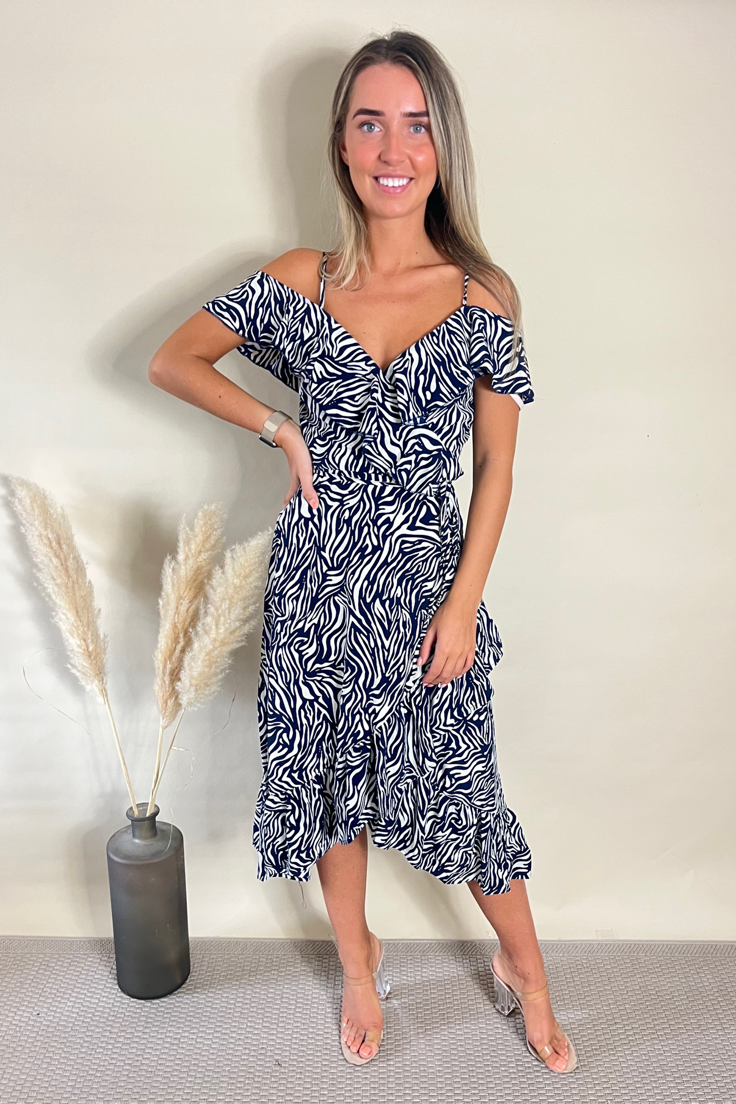 Navy Zebra Print Wrap Midi Dress