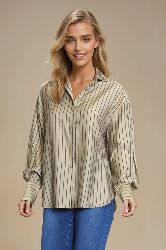 Taupe Striped Long-Sleeve Blouse